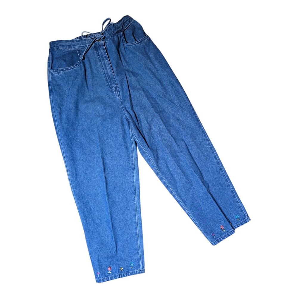 Vtg 1990s Denim & Co Blue Medium Wash Elastic Waist Floral Embroidered Jeans M